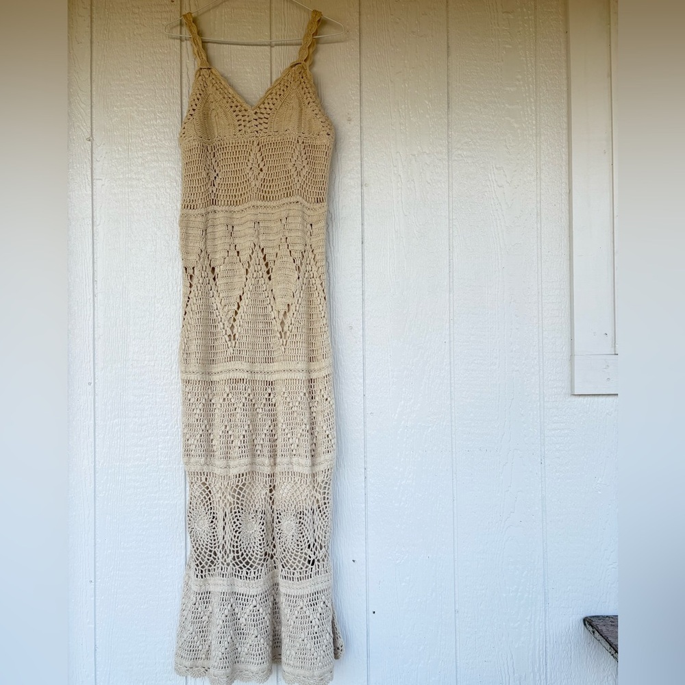 Lucky Brand Cream Crochet Maxi Dress with V-Neck